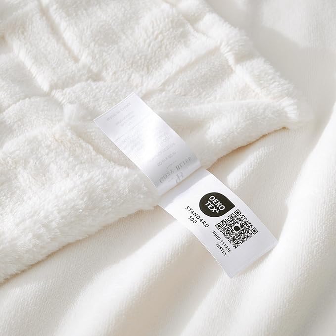 Cozy Bliss Checkered White Large Faux Rabbit Fur California King Size Bed Blanket, Soft Fuzzy Fluffy Minky Cream Furry Blankets for Couch, Bed (90 * 108 Inches Ivory)