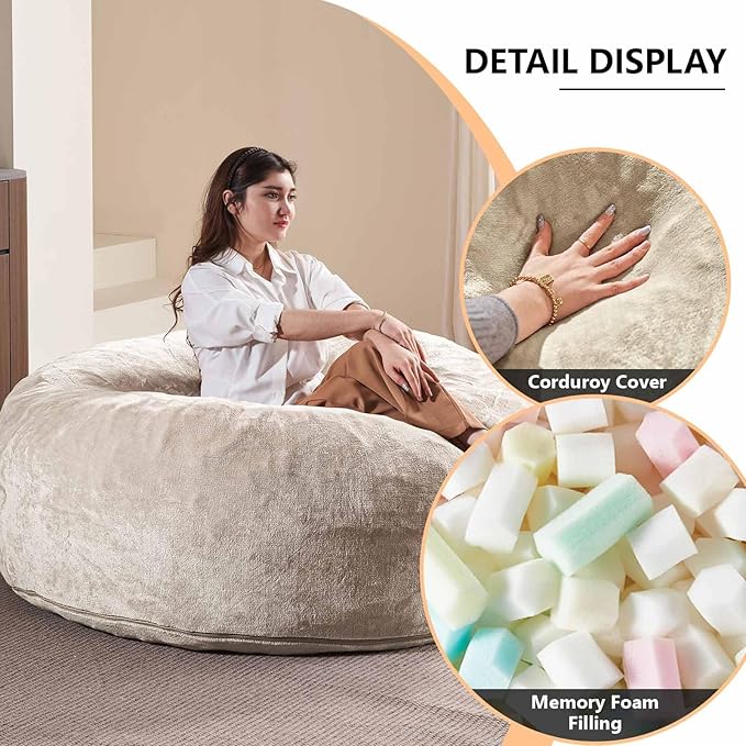 5FT,Big Bean Bag Chairs for Adults,Large beanbag with Filler Included,Memory Foam Material,Easy to Clean and Washable Corduroy Fabric,Suitable for Living Room and Bedroom (Apricot, 5 Foot)