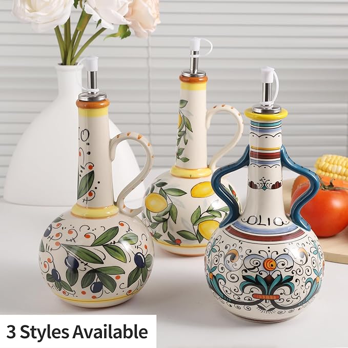 Ceramic Olive Oil Dispenser Bottle 23oz with Handles, Hand Painted Multi-Use Oil Cruet & Flower Vase, Decorative Stoneware Kitchen Cruet with Stainless Steel Spout for Oils, Sauces, Vinegar (B)
