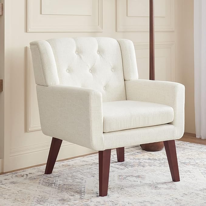 Accent Chair Button-Tufted Upholstered Living Room Chairs Comfy Reading Chair Mid Century Modern Chair with Linen Fabric Lounge Arm Chairs for Living Room Bedroom (Beige Set of 2)