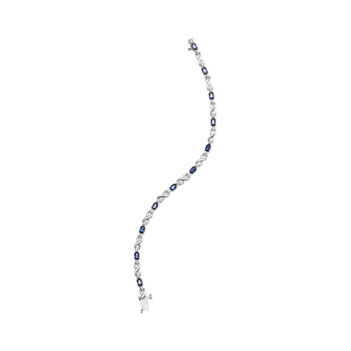 Bracelet Jonc "X" en Or Blanc 10K serti de S5x4mm Saphir Ovale et 1/10 Cttw Diamant - Taille 7" (Couleur H-I, Clarté SI1-SI2)