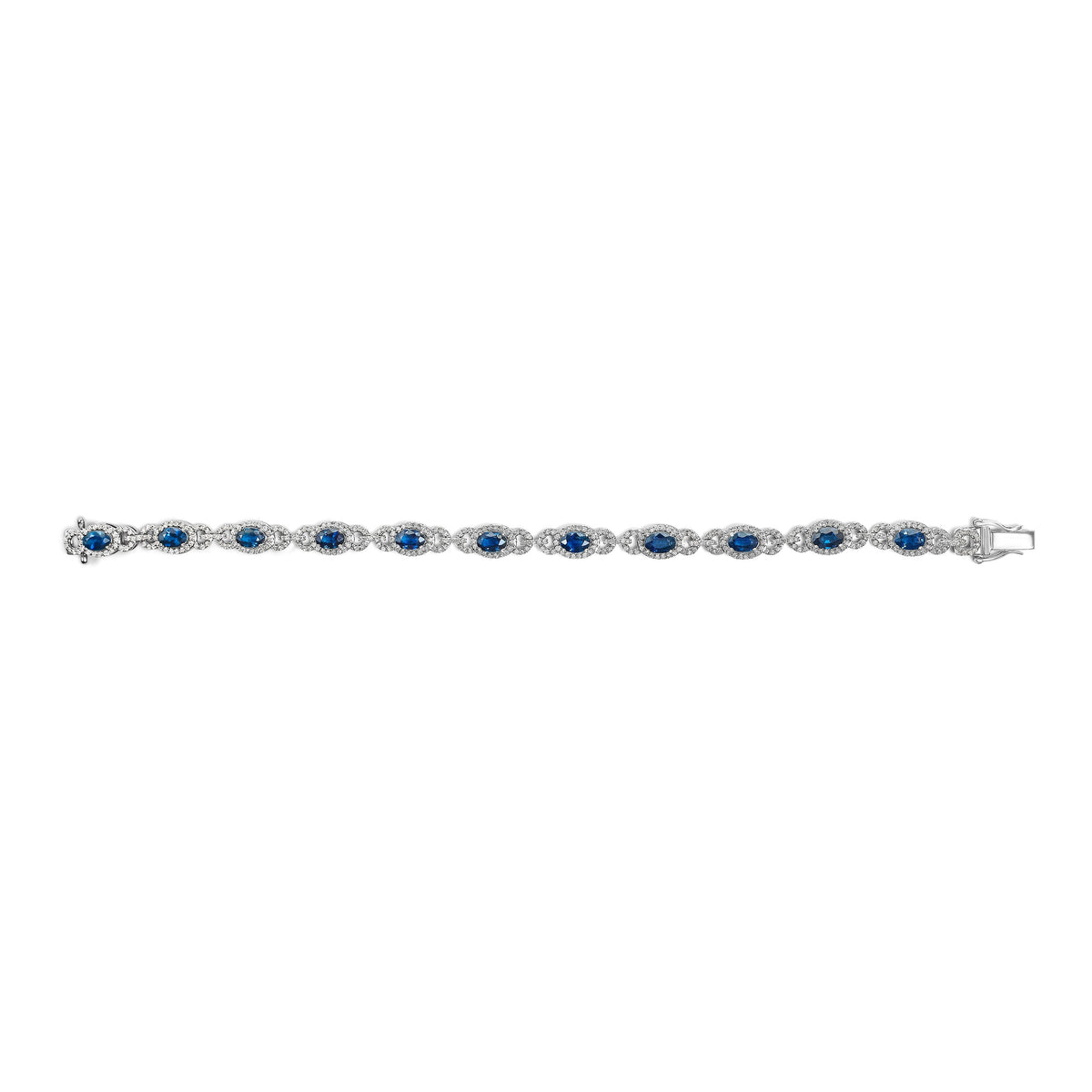 14K White Gold Vintage-Inspired Oval Blue Sapphire & Diamond Link Bracelet