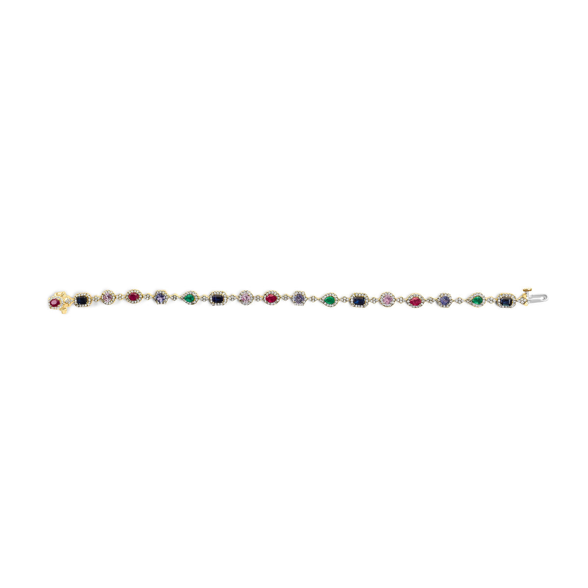 Bracelet maillons arc-en-ciel en or jaune 14 carats, serti de pierres multicolores et de diamants en halo