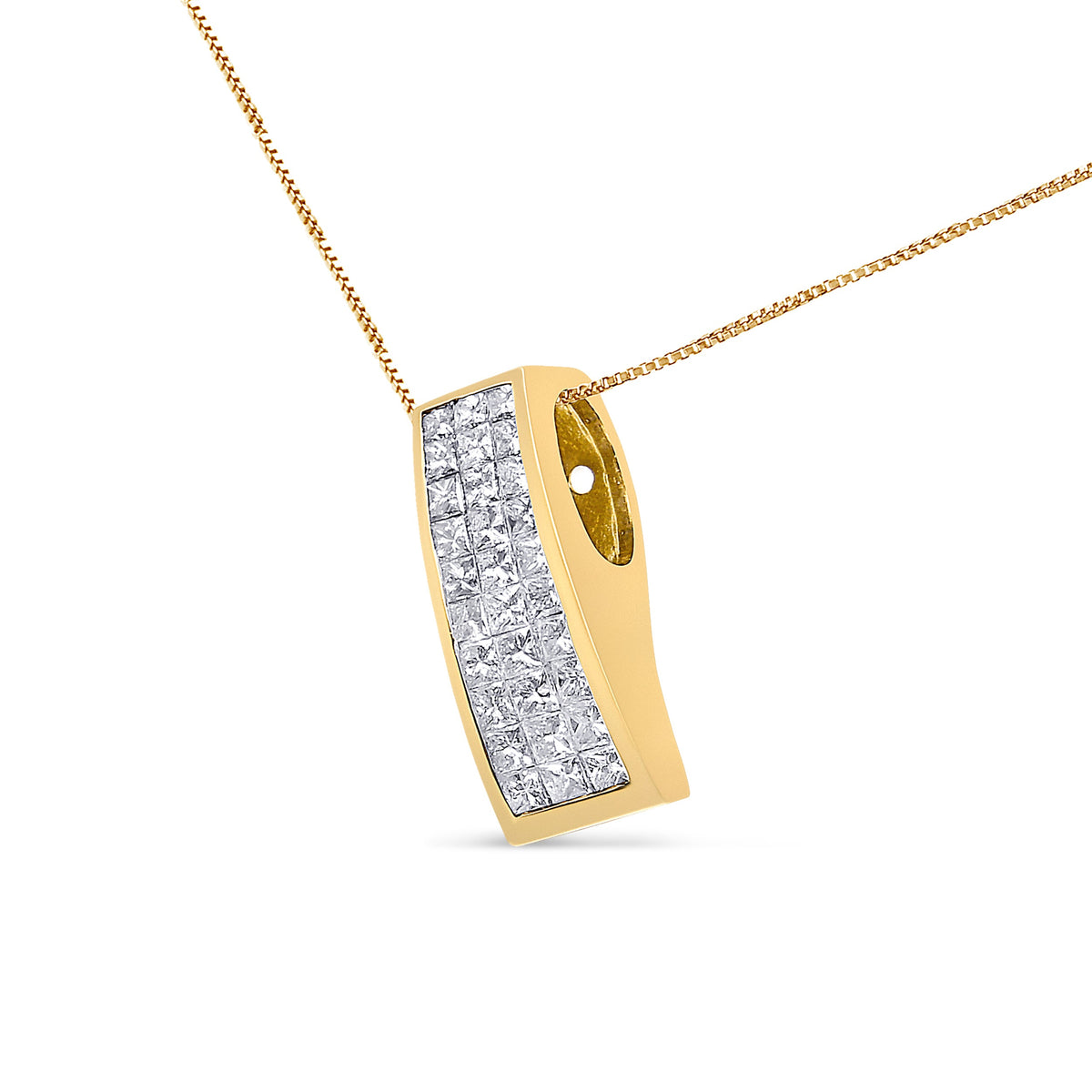 Collier avec pendentif en or jaune 14 carats et diamants taille princesse de 1,5 carat total, motif colonne grecque (G-H, VS1-VS2)