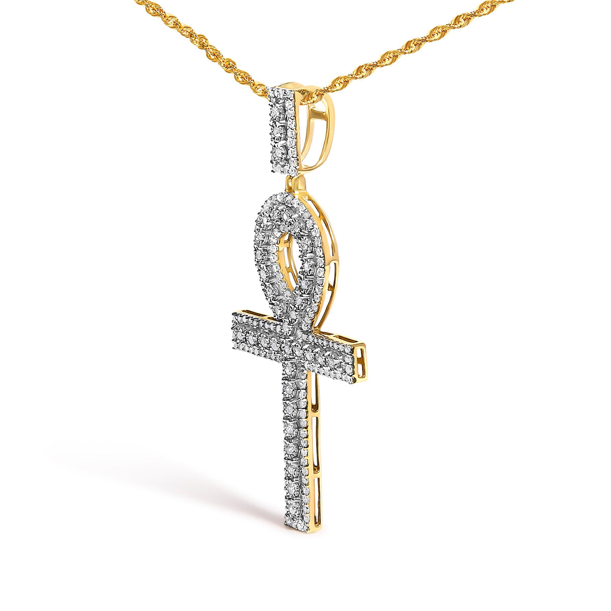 Collier pendentif croix Ankh en or jaune 10 carats avec diamants de 1,00 carat pour homme