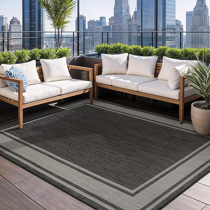 Beverly Rug Outdoor Rug 8x10 Modern Bordered Area Rugs for Indoor and Outdoor Patio Deck Porch Garden Waterproof Weather Sun Resistant Washable Outside Carpet (8 x 10 Dark Gray)