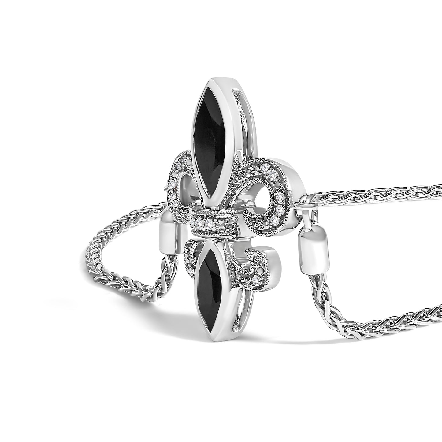 .925 Sterling Silver Marquise Black Onyx and Diamond Accent Lariat 4â€-10†Fleur De Lis Adjustable Bolo Bracelet (I-J Color, I1-I2 Clarity)