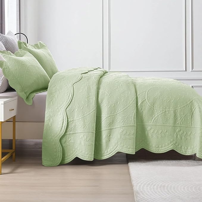 MarCielo 3-Piece 100% Cotton Oversized Bedspread Lightweight Quilt Coverlet Embroidery Farmhouse Bedding Set (TX Pale Green, Oversized Queen (100"x106"))