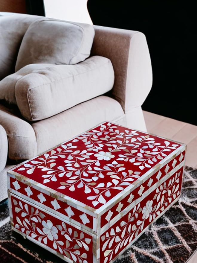 Decorative Wooden Storage Box with Mother of Pearl Inlay – Elegant Floral Design – Perfect for Home Décor in Living Room, Dining Area, or Bedroom (Red, 12x8x5 inches)