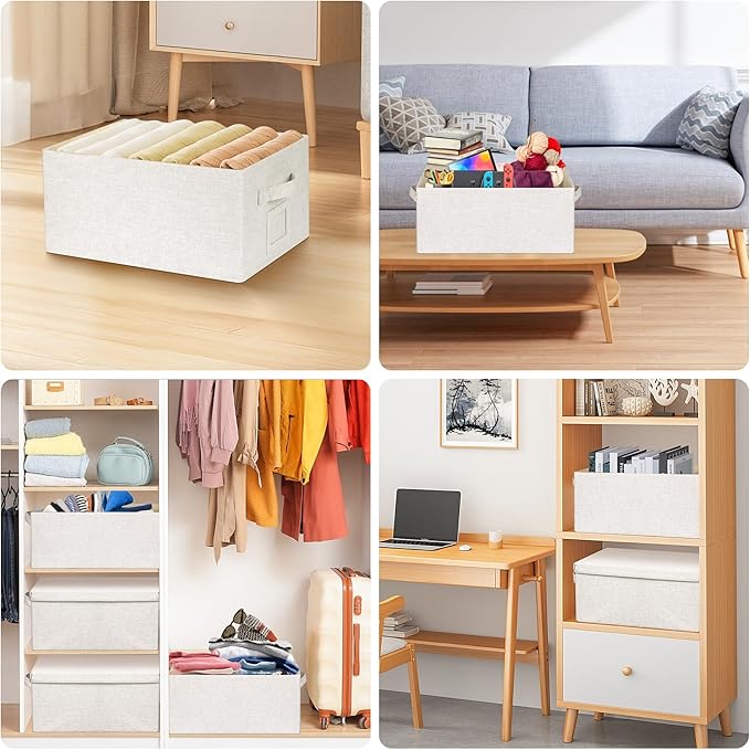 Large 17''x12'' Quart Collapsible Stackable Storage Bins with Lids, 6 Packs Off White Fabric Closet Boxes with Lids, Storage Cube Baskets Container Organizers for Bedroom Office(17''x12.2x''8'')
