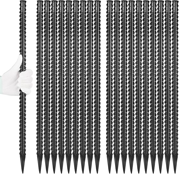 24 Inches Straight Rebar Stakes(20-Pack), 1/2" Diameter Steel Metal Stakes for Garden with Chisel Point End Heavy Duty Ground Anchors for Landscape, Concrete Form, Camping & Trapping Black