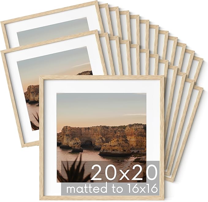 HAUS AND HUES Square Picture Frames 20 x 20 Set of 25 - Photo Gallery Wall Frame Set, Wood 20x20 Frames, 20 x 20 Frames Gallery Wall Set, 20x20 Frame with Mat, Square Frames 20x20 (Beige Oak Frames)