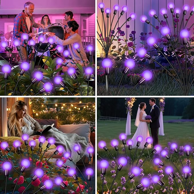 Solar Garden Lights Outdoor, 4 Pack Firefly Swaying Lights Purple, Waterproof 4 Pack 24 Heads Garden Decor for Yard Patio Pathway Lawn, Gardening Gifts for Women Christmas Decoration