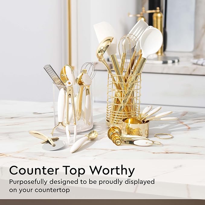 White and Gold Kitchen Utensils Set - 23-Piece Gold Kitchen Accessories Include Measuring Cups and Spoons Set, Silicone Utensils, and Utensil Holder for Baking, Cooking, and Stylish Kitchen Decor