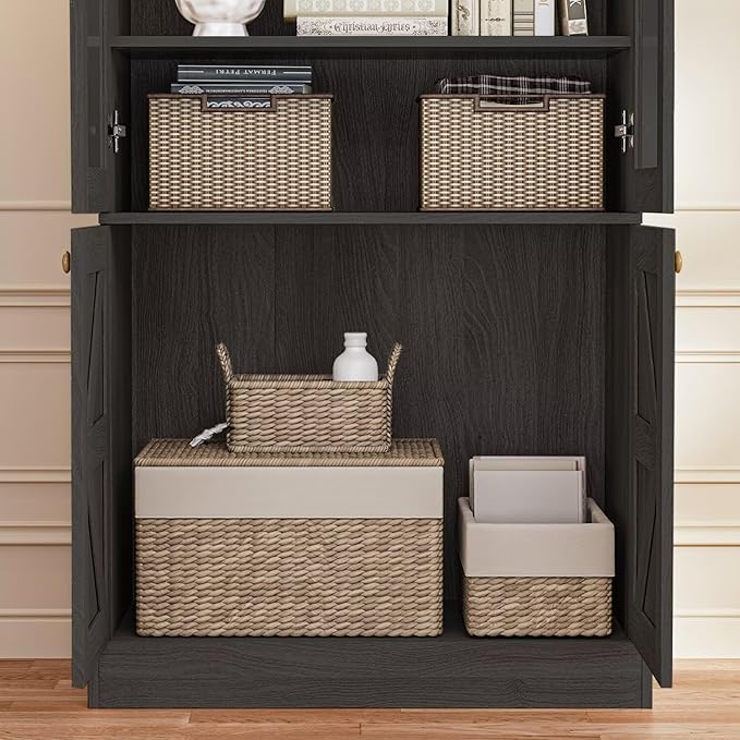Vyre 71" Tall Farmhouse Bookshelves with Glass Doors and Drawers, Set of 4 – Large Modular Bookcase with Adjustable Shelves, Storage Cabinet for Living Room, Kitchen, Black
