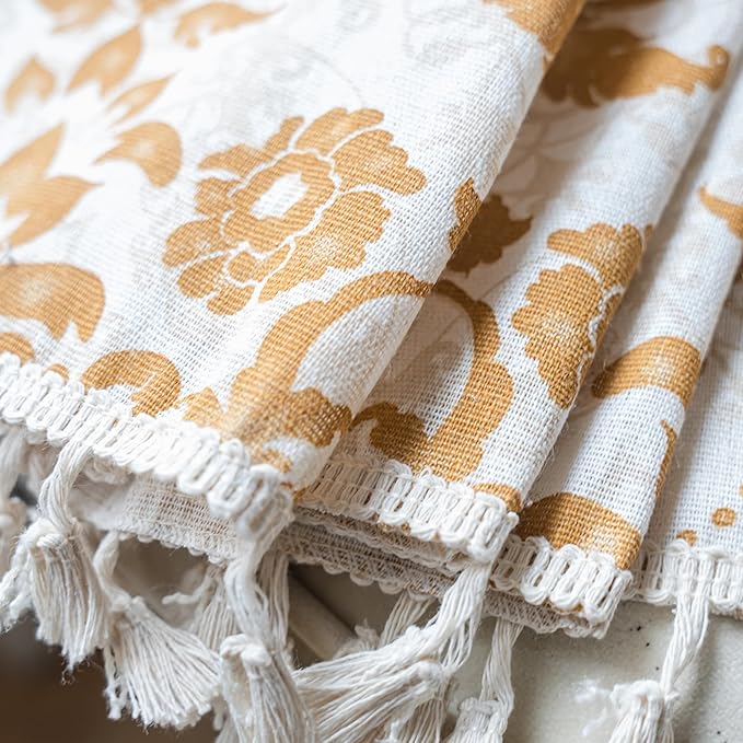 Sutuo Home Boho Curtains 84 Inches Length for Bedroom Living Room, Printed Moroccan Cotton Linen Rod Pocket Rustic Farmhouse Bohemian Tassels Window Treatment, 1 Panel 59" W x 84" L, Brown Damask