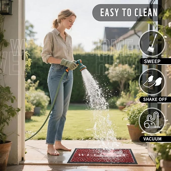 Yimobra Welcome Mat Outdoor Indoor 29.5x17, All-Weather Waterproof Front Door Mat Outside Entrance, Non-Slip Low Profile Porch Patio Doormat, Red