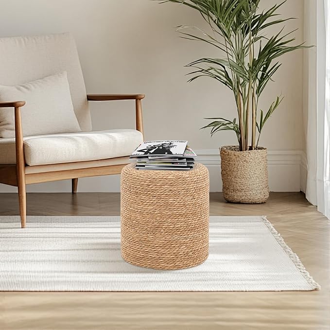 16'' Round Ottoman Natural Seagrass Braided Poof Hand Weaving Round Ottomans Boho Footrest Stool for Home Living Room Bedroom Patio(Natural)