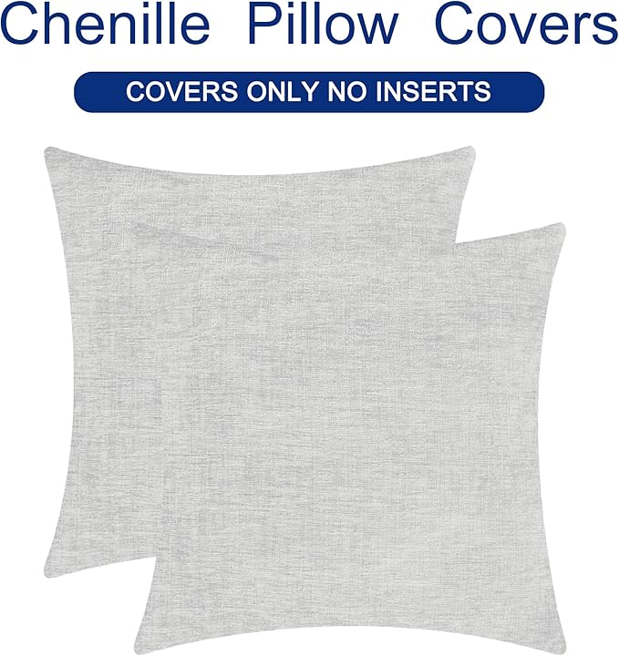 CaliTime Throw Pillow Covers Decorative 24 X 24 Inches Pack of 2 Cozy Chenille Cushion Cases for Couch Sofa Bed Living Room Home Moonbeam Gray