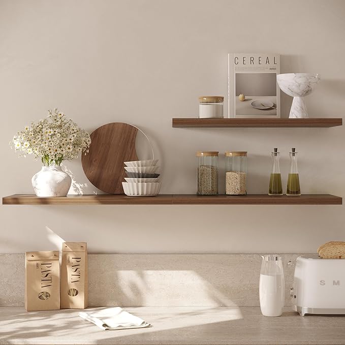 Wall Shelf Set of 2, Walnut Floating Shelves 30 in W x 10 in D x 1 in H, Wooden Floating Wall Shelf with Invisible Brackets for Living Room/Bedroom/Bathroom/Kitchen Storage and Decor