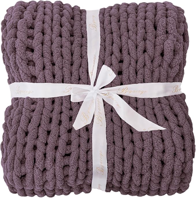 Bigacogo Chunky Knit Throw Blanket for Couch, 40x40 inches, 100% Hand Knitted with Thick Jumbo Chenille Yarn, Cozy Soft Large Rope Knot Cable Crochet Blankets for Sofa Bed Living Room, Winter Grape