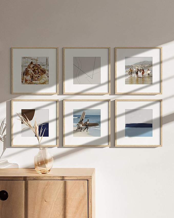 HAUS AND HUES Solid Oak Wood 12”x12” Picture Frames Matted to 8”x8” Set of 6 - Photo Gallery Wall Frames 12x12, Wood Picture Frames with Mat, 12x12 Gallery Wall Set (Beige Oak Frames)