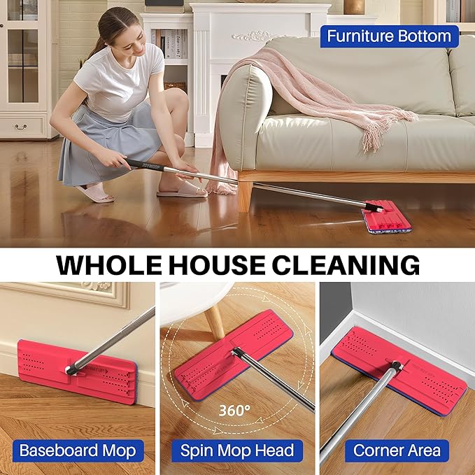 JOYMOOP Mop and Bucket Set for Home, Hands-Free Self-Cleaning System, with 5 Reusable Microfiber Mop Pads, Suitable for Floor Cleaning and Wall Cleaner - Black+Red+Slate Blue