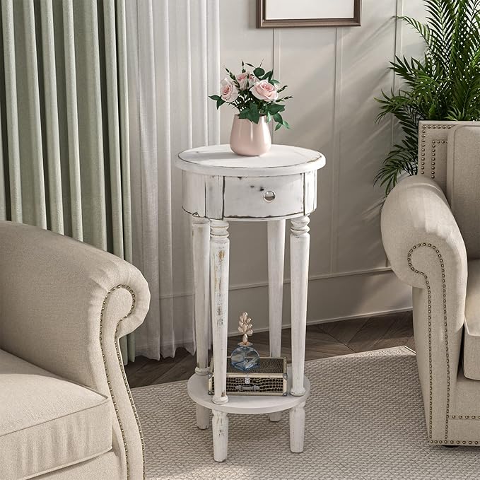 COSIEST Tall End Table with Drawer Sets of 2, Round Nightstand Bedside Table with Storage Shelf, Industrial Telephone End Table for Living Room, Bedroom, Hall Way, Space Saving