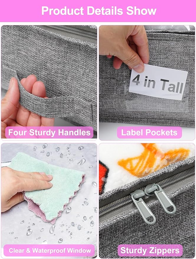 punemi 4pcs Under Bed Storage Containers, Below 4 Inches Tall Low Profile Underbed Storage, NO STRUCTURE, Soft Foldable Underbed Cloth Storage Bags, Zipper Blanket Storage Container, 20x40x3.7in