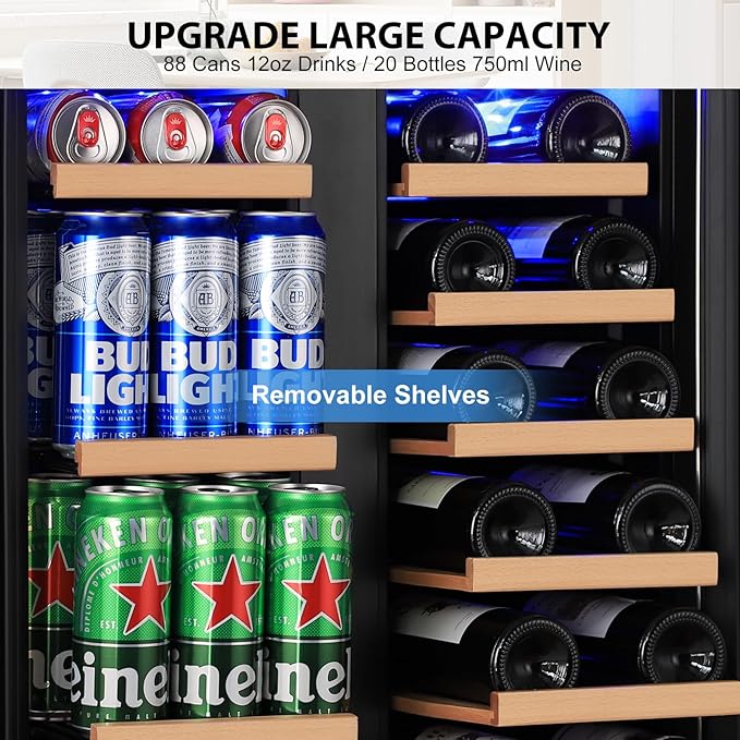 24 Inch Dual Zone Wine and Beverage Refrigerator, Built-in or Freestanding Cooler with French Doors, Drink Fridge with Upgraded Compressor for Beer, Wine, and Soda