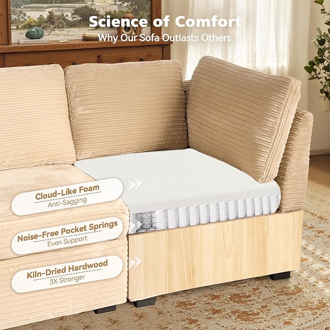 Modular Sectional Sofa, 130.7" L Shaped Couch Set for Living Room, 4-Seater Comfy Cloud Couches with Movable Ottoman, DIY Combination, Plush Corduroy, Beige