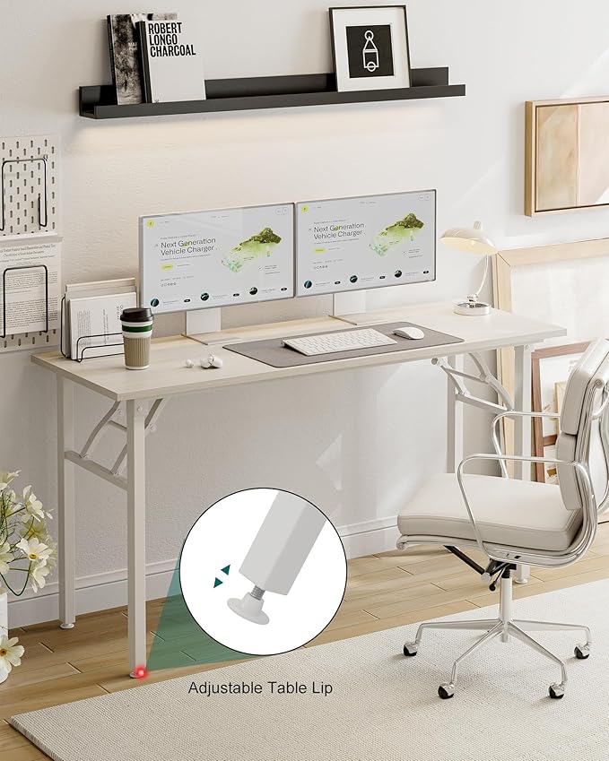 Frylr Small Folding Computer Desk โ Portable 55.1 Inch Foldable Laptop Table, Collapsible and Compact for Easy and Fast Setup, Lightweight for Small Spaces, Home Craft and Study Use, White Ash