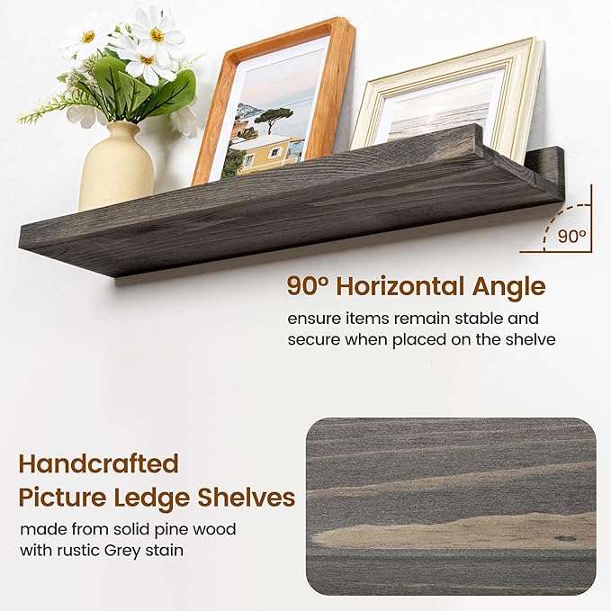 Picture Ledge Wall Shelves 16 inch Width Set of 2, Solid Pine Wood Rustic Floating Ledge Shelves for Wall for Kids' Room Bedroom Kitchen Bathroom Living Room Nursery Display Wall Decor, Grey