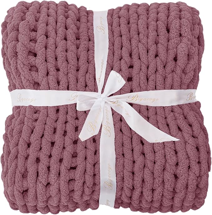 Bigacogo Chunky Knit Throw Blanket for Couch, 40x40 inches, 100% Hand Knitted with Thick Jumbo Chenille Yarn, Cozy Soft Large Rope Knot Cable Crochet Blankets for Sofa Bed Living Room, Burnt Rose