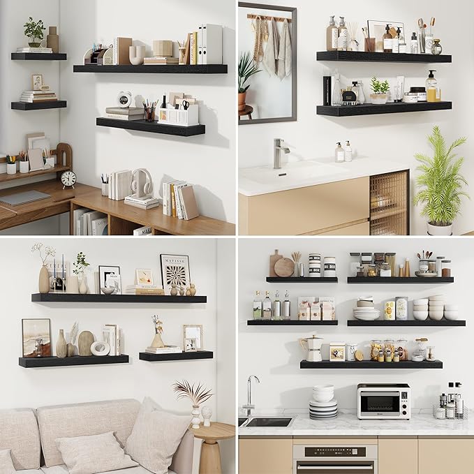 fuqing Floating Shelves for Wall, Bathroom Shelf Wall Mounted for Storage, Shelves with Invisible Bracket for Bedroom, Kitchen, Living Room, Farmhouse Small Book Shelf, 16 Inch Set of 2, Black