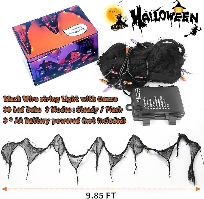 Halloween Horror Atmosphere Lights, Orange&Purple LED String Lights with 9.9FT Creepy Black Gauze, Battery Powered with Timer & 8 Flashing Modes (Purple)