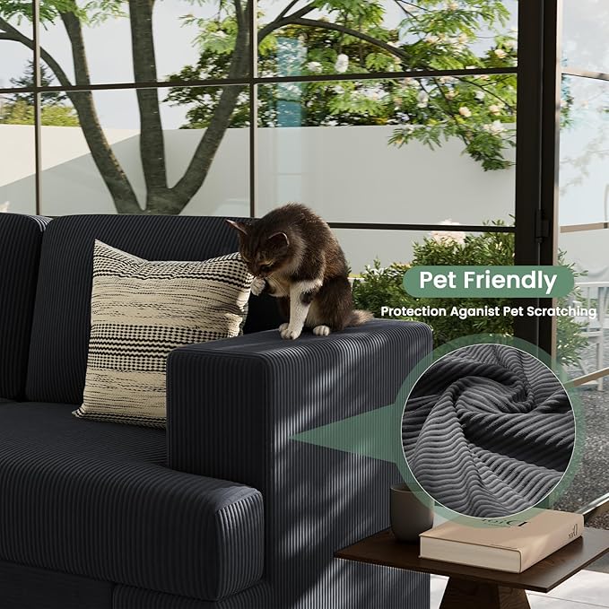 3 Pieces Corduroy Couch Set for Living Room, 8 Seats Cloud Sofa, Deep Seat Floor Couch for Bedroom, Futon Modern Sofa Sectional Bed, Black Corduroy