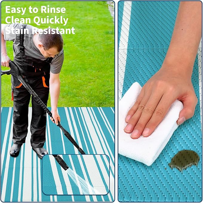 Outdoor Patio Rug 9x12 Stain-Resistant Reversible Camping Mat, Modern Striped Outdoor Plastic Straw Rug, Waterproof Outside Carpet, Easy to Clean for RV, Porch, Deck, Balcony, Light Blue