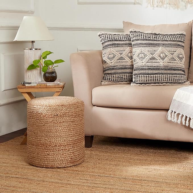 REDEARTH · Cylindrical Pouf Ottoman - Braided Pouffe Accent Sitting Round Footrest for Living Room, Bedroom, Nursery, kidsroom, Patio, Gym; 100% Jute Set of 2 (14.5"X14.5"X16"; Natural)