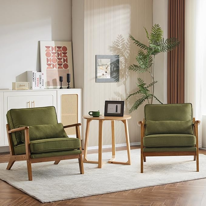 Karl home Accent Chair Wide Armrest Mid-Century Lounge Chair Linen Fabric Armchair with Lumbar Pillow & Solid Wood Frame for Living Room, Bedroom, Balcony, Green