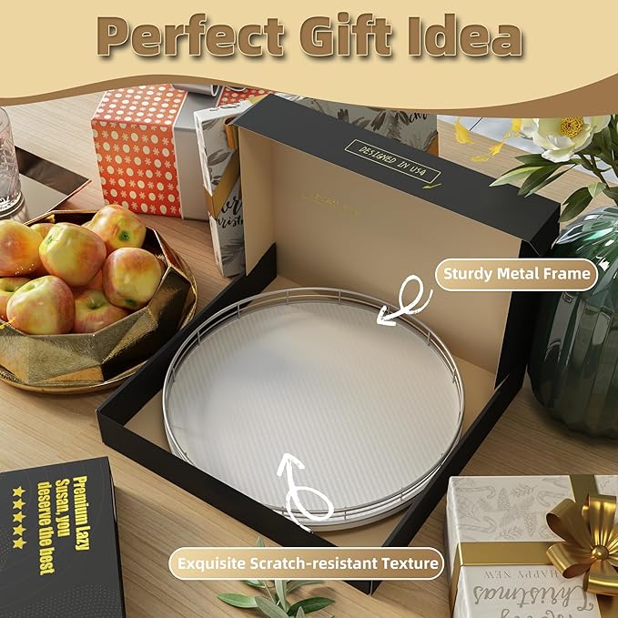 13" Lazy Susan Turntable Organizer for Table Top, Round Wooden Lazy Susan for Cabinet Kitchen Decor Centerpieces Coffee Table, Storage Condiments Spices, Bathroom Vanity Tray for Soap, White