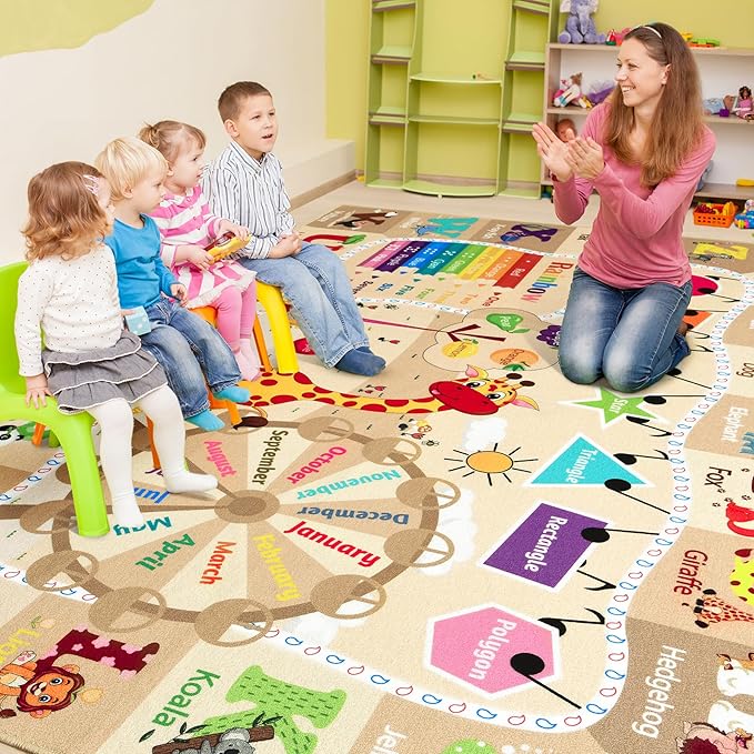 7x10 Playroom Rugs for Kids Washable, Educational and Fun Playmat with ABC Alphabet Animals Shapes Colors, Non-Slip Play Mat Learning Rug for Baby Toddler Children Game Activity,Beige, Pink