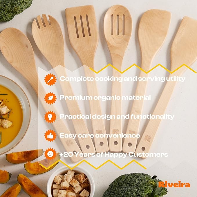 Riveira Maple Wooden Cooking Utensils Set of 6 Premium Non-Toxic Wooden Spoons & Spatula for Cooking