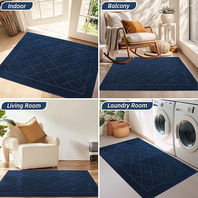 BEQHAUSE Dirt Trapper Door Mat 24" x 36", Doormat Non-Slip Entryway Rugs Washable, Dog Door Mat Stain Resistant and Absorbent Welcome Floor Mat for Front Back Door, Muddy Wet Shoes & Paws, Navy Blue