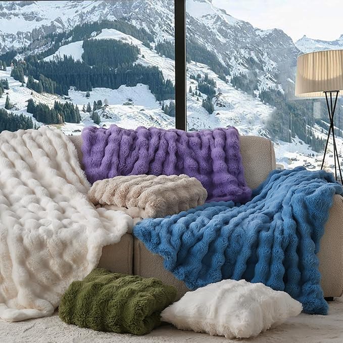 Lotus Karen Faux Fur Throw Blanket Dark Green - 800 GSM Bubble Rabbit Fluff Blanket for Couch Bed Sofa,Softest Fluffy Fuzzy Cozy Blanket,Thick Furry Plush Shaggy Warm Blankets for Women,50x60 Inches