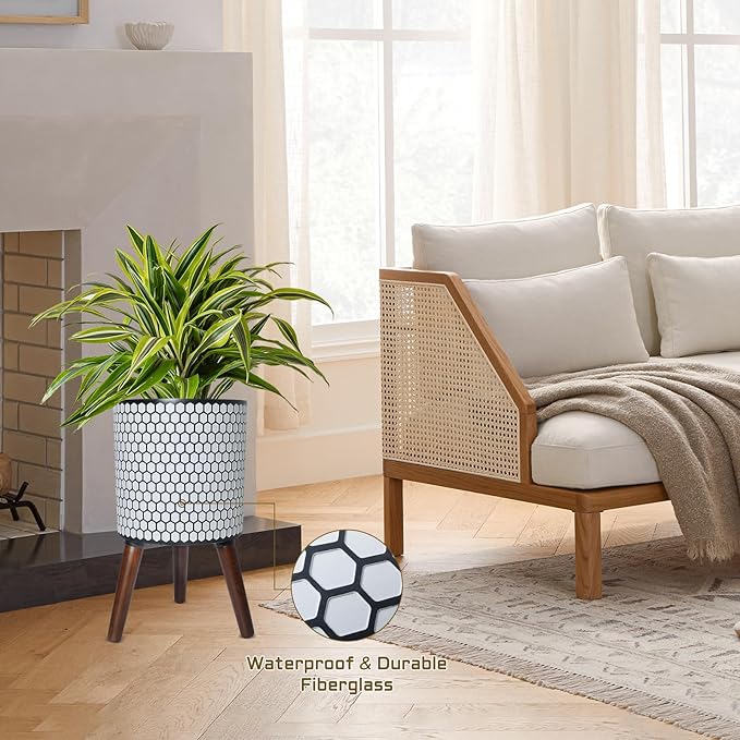 Flower Pot with Legs Tall Flower Pot with Drainage Holes for Indoor and Outdoor Decorative Planting (White Black Honeycomb, 10 Inches)