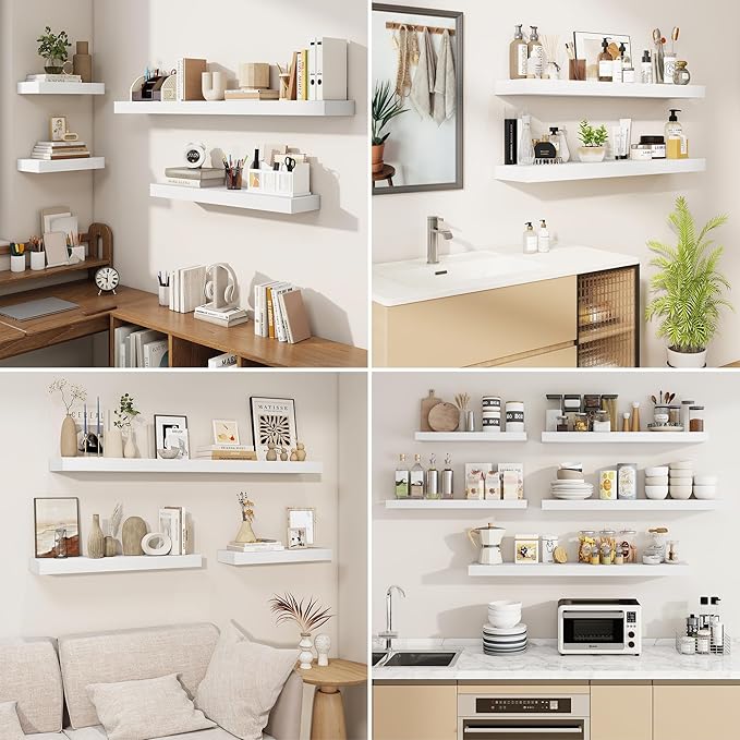 fuqing Floating Shelves for Wall, Bathroom Shelf Wall Mounted for Storage, Shelves with Invisible Bracket for Bedroom, Kitchen, Living Room, Farmhouse Small Book Shelf, 16 Inch Set of 2, White