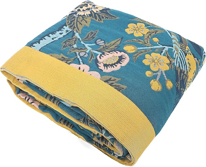Snycler Boho Throw Blanket for Bed - 100% Cotton Ultra Soft Rustic Quilt Blanket Green Bird Floral Printed Farmhouse Decor Bed Blankets, 60"×80" All Season Rustic Throw for Sofa Couch Chair