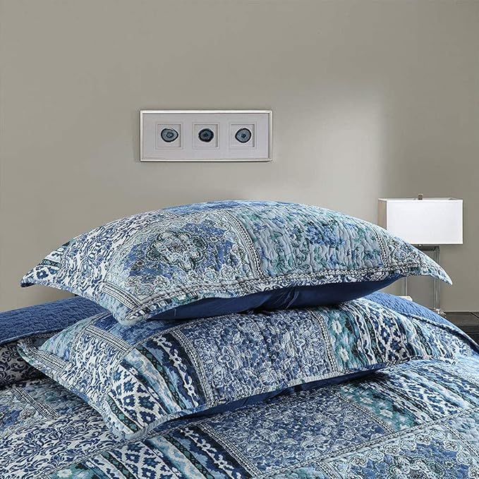 NEWLAKE Quilted Cotton Bed Pillowcases, Blue Classic Bohemian Pattern, 2 Pieces, 20x27 Inch