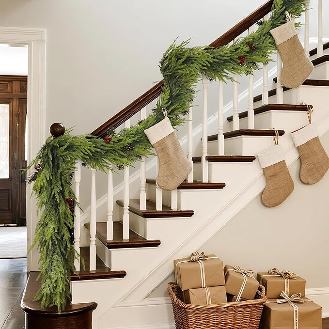 Artificial Norfolk Pine Garland - Faux Christmas Garland Fake Green Garland for Fireplace,Table, Stairs, Mantle, Window,Indoor Outdoor,Home,Holiday Decor (2 PCS,6 FT)